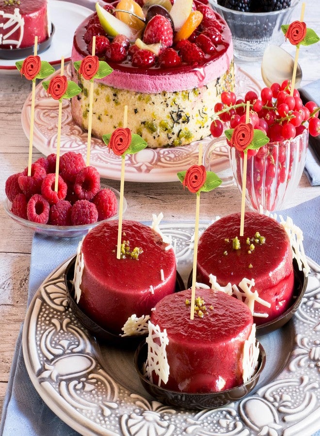 KFJBPB ١٠٠ قطعة من أعواد تزيين الكوكتيل على شكل وردة حمراء بطول ٤.٧ بوصة، أعواد أسنان لتزيين المقبلات في عيد الحب، أعواد فواكه من الخيزران، أعواد طعام لتزيين حفلات الزفاف وعيد الحب (أحمر) - Image 4